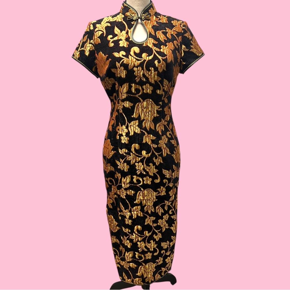 Black and Gold Floral Jacquard Cheongsam Quipao Asian Chinese Dress